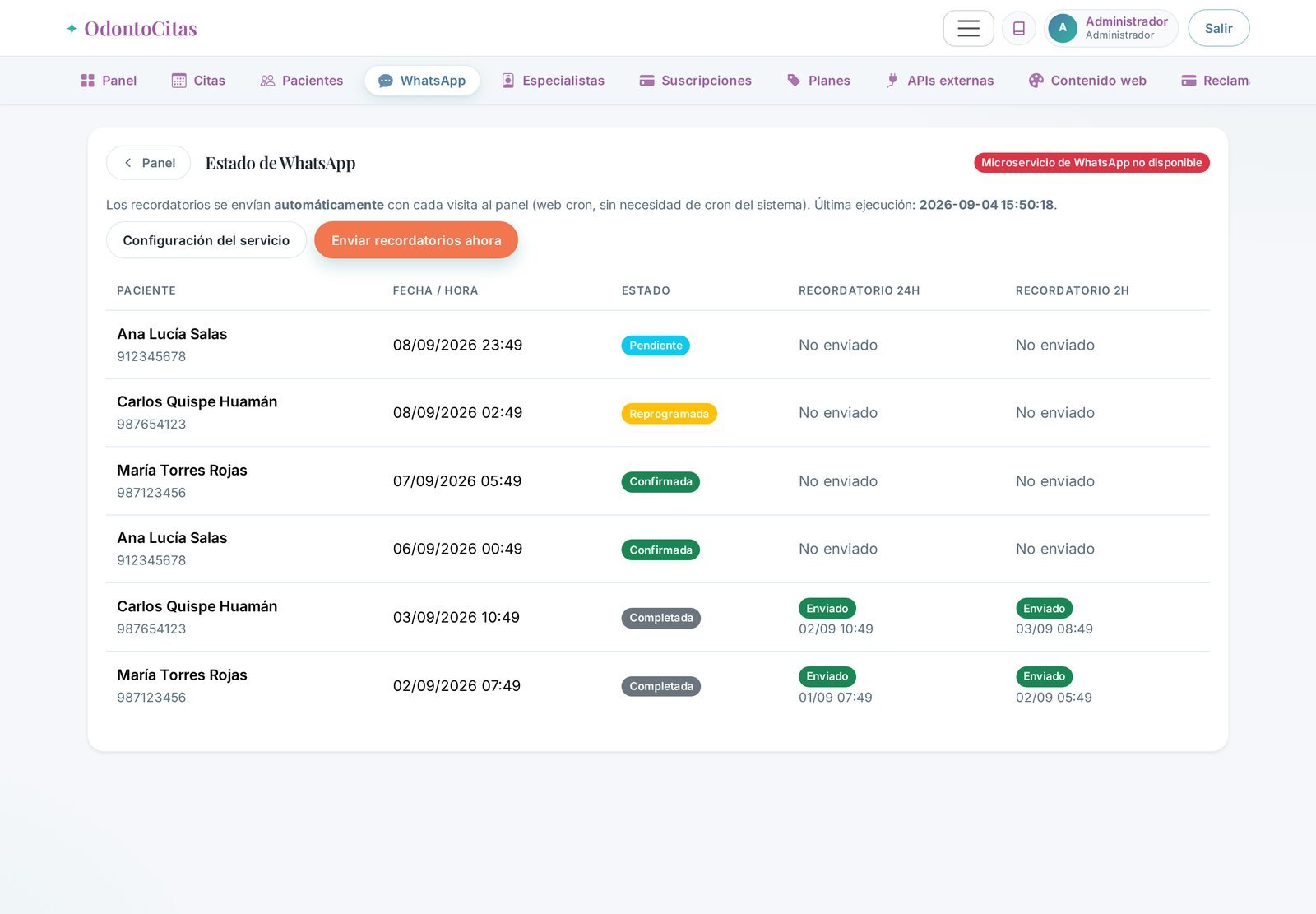Captura real de los recordatorios automáticos de WhatsApp en OdontoCitas Perú: avisos enviados 24 h y 2 h antes de la cita
